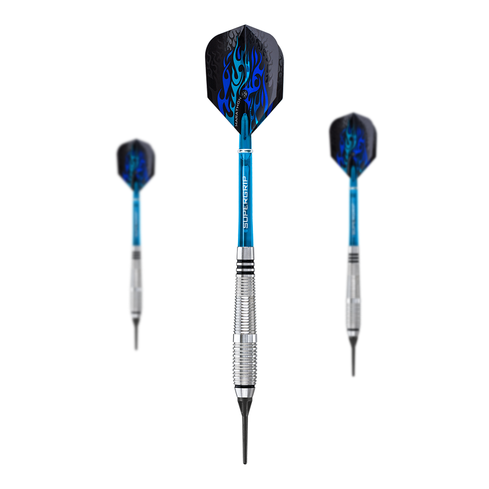 Das Bild zeigt drei Softdarts des Produkts "Harrows Blaze Style A Softdarts - 18g". Die Darts haben blaue Schäfte, schwarze Flights mit blauen Flammen und silberne, gerillte Barrels.